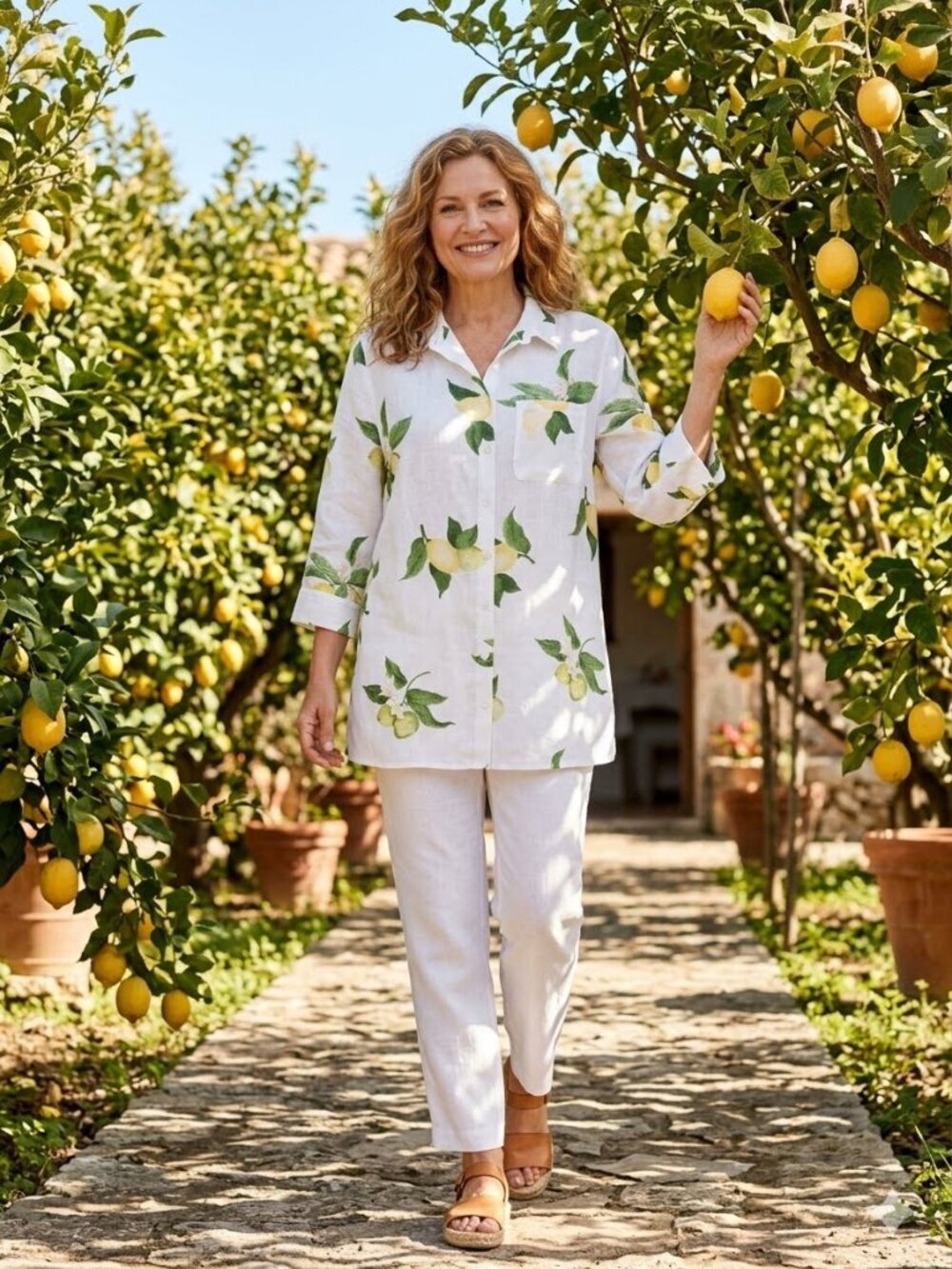 Chico's Women Size 2 (8-10) Non Iron 100% Linen Lemon Print Button Up Tunic Top